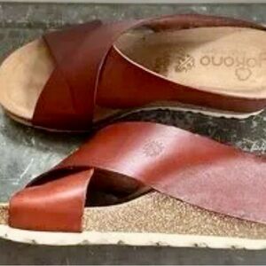Yokona Cognac Leather Cross Strap Cork Wedge Sandal, Size 8 -very minimal wear